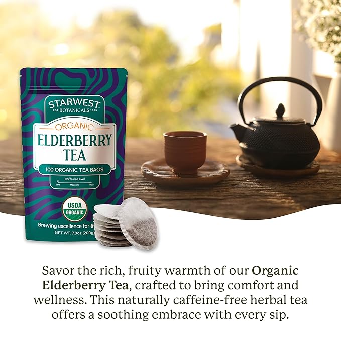 Starwest Botanicals Organic Elderberry Tea - Caffeine Free Herbal Tea Blend, Immune System Support, String Free Sachets, USDA Organic Elderberries & Elder Flower, Non GMO - Bulk Pack, 100 Tea Bags