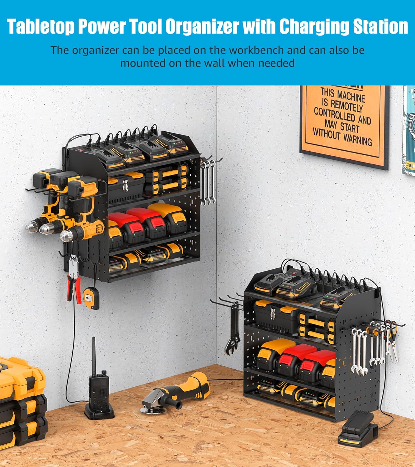 CCCEI Modular Desk Power Tools Organizer with Charging Station, 4 Layer Drills Battery Storage Wall Mount, Garage Shop Organization, Anniversary, Birthday, Gifts for Men, Father, Black, 10FT Cord.