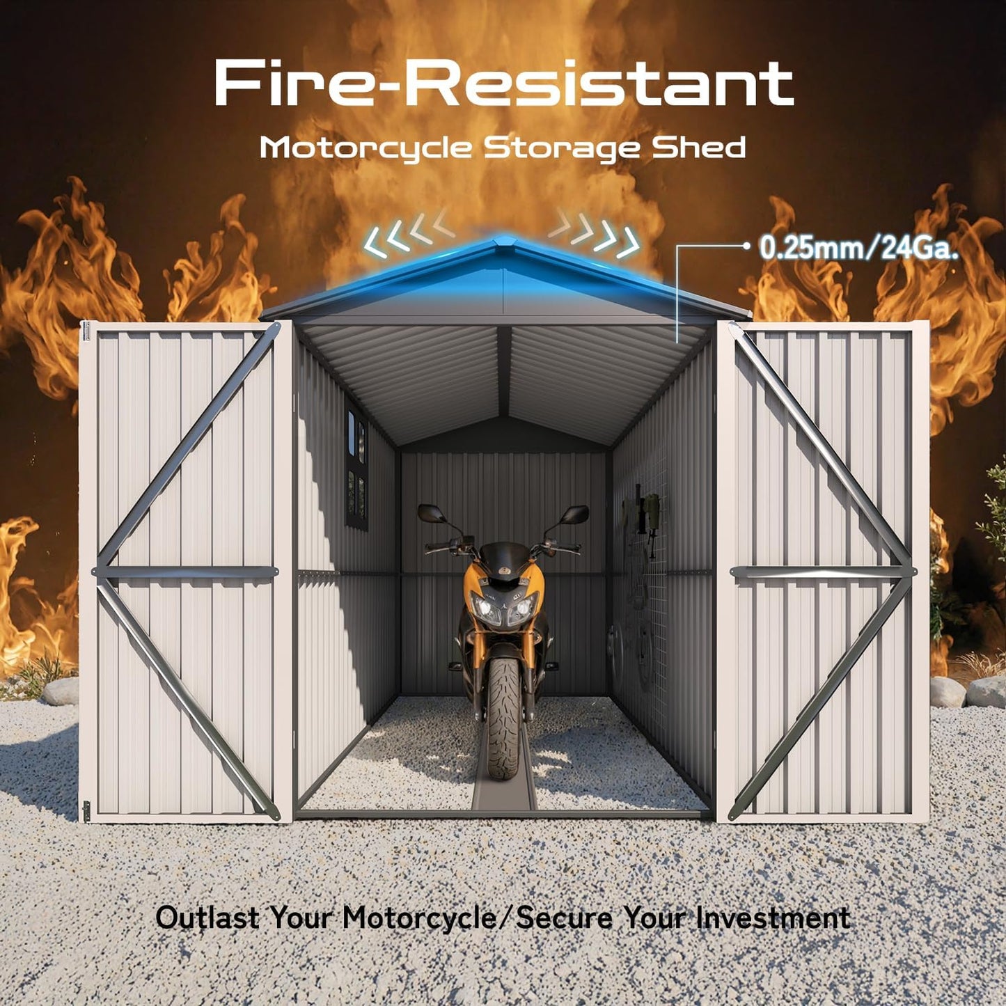 5’ x 10’ Motorcycle Storage Sheds, Metal Shelter & Garage with Windows and Lockable Door Handle, Heavy Duty Vehicle Shed for All Weather, Track System Included, Anthracite with White Trim