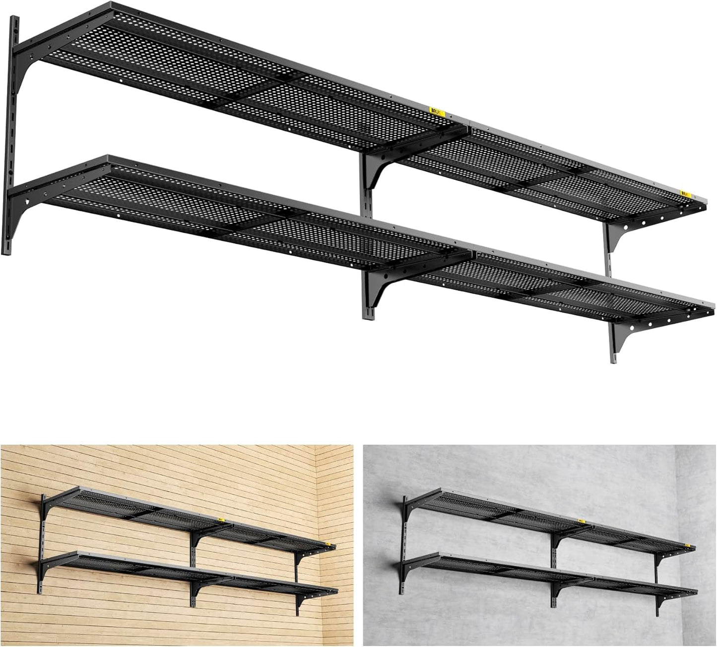 2-Pack 2 Tier 1.3x4ft Garage Shelving Wall Mounted, 800 lbs Load Capacity，15.6x48inch per Shelf Height Cassette Adjustable Floating Shelves(Black)