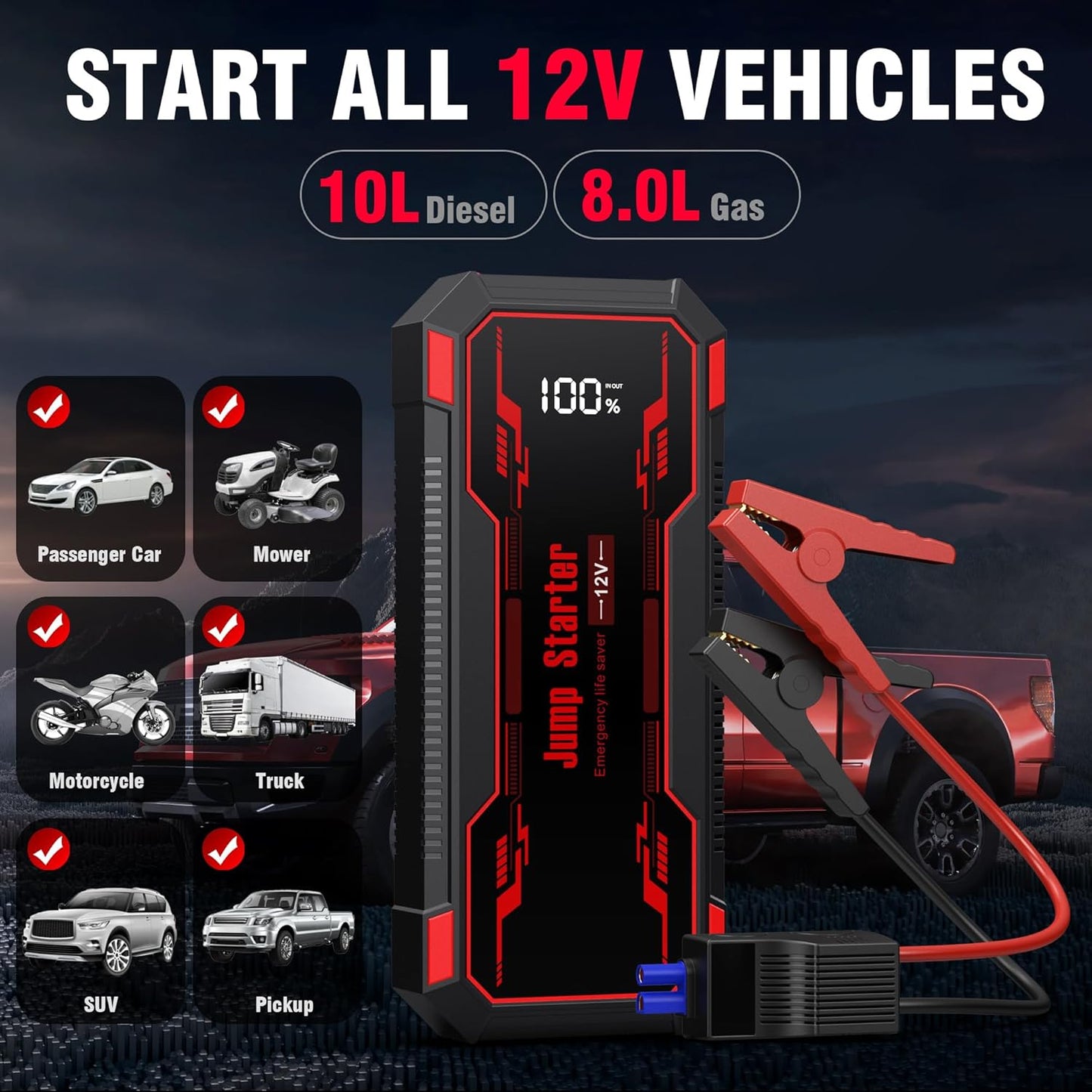 Car Jump Starter 6000A Car Battery Jump Starter Portable,12V Battery Jumper Starter Portable(10.0L Gas/8.0L Diesel),LCD Display Jump Box Jump Starter Battery Pack with Jumper Cables & Flashlight-Red