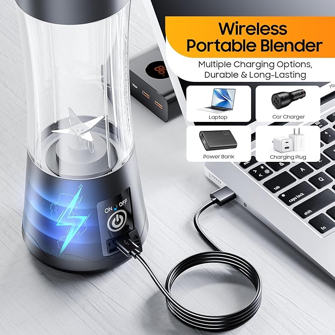 Cordless Personal Size Portable Blender - Blender Make Smoothies & Shakes, 12 Oz BAP Free Traveling Cup, Quickly Squeezed in Office/Picnic/Sprots