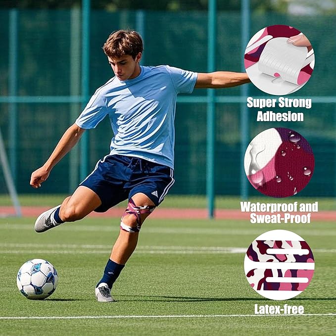 Precut Kinesiology Tape for Knees,24 Pcs – Elastic Knee Support & Stability, Pain Relief – Waterproof, Breathable, Hypoallergenic Athletic Tape (Camo Pink)