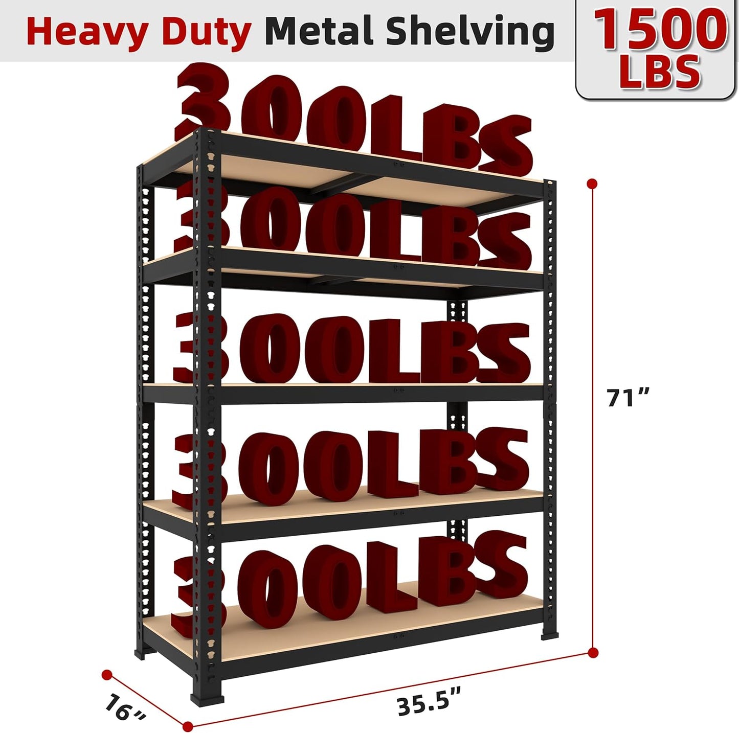 2 Packs 35.5" W x 16" D x 71" H Adjustable Garage Storage Shelves - 5-Shelf Heavy Duty Shelving Unit, Metal Utility Storage Organizer Racks for Warehouse Pantry Closet Kitchen, Black