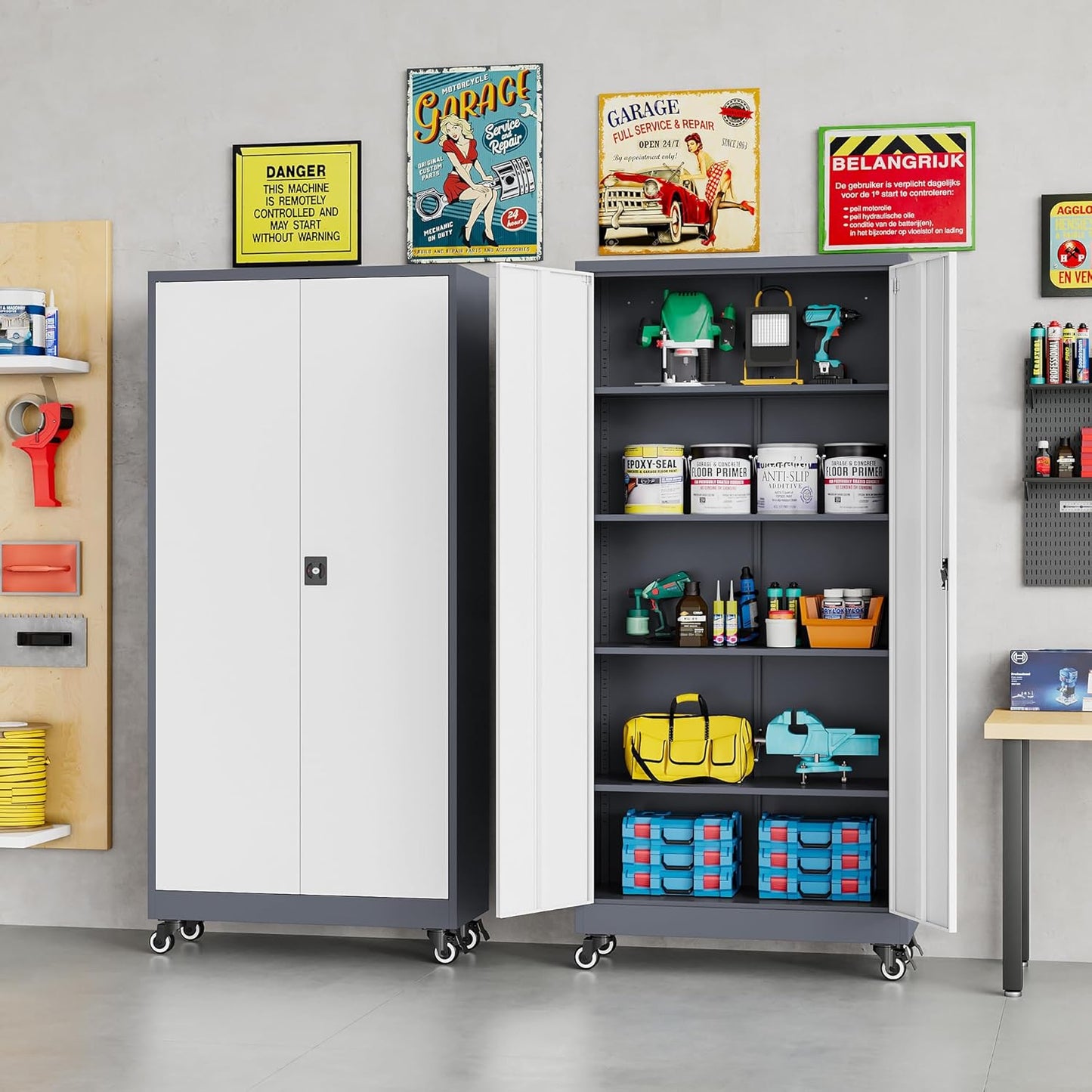75" Tall Metal Storage Cabinet with Wheels,Rolling Garage Storage Cabinet with Lock,Gray White Metal Cabinets with Wheels and Shelves,Locking Tool Cabinets on Wheel for Garage,Home,Office,Shop
