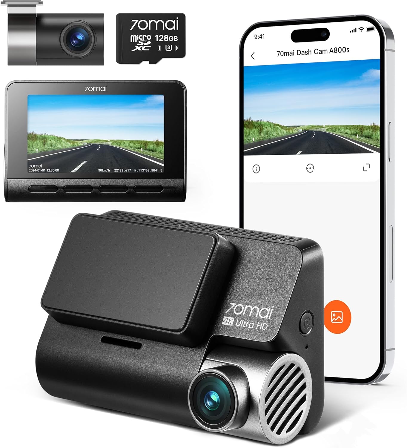 70mai 4K Dash Cam Front and Rear with STARVIS, Built in 5GHz WiFi & GPS Car Camera, Super Night Vision, ADAS, 3'' IPS Screen, 24H Parking Mode, Time-Lapse, Loop Recording, with 128GB Card (A800S)
