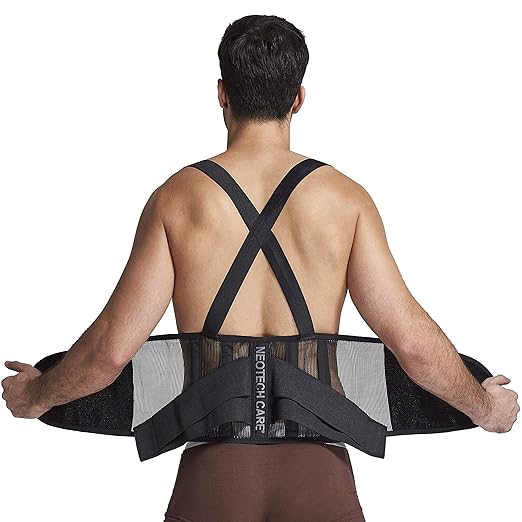NeoTech Care Back Brace with Suspenders/Shoulder Straps - Light & Breathable - Lumbar Support Belt for Lower Back Pain - Posture, Work, Gym - Black Color (Size XL)