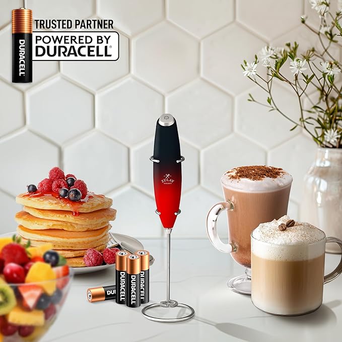 Zulay Powerful Milk Frother (4 Duracell Batteries Included) - Handheld Milk Frother Wand Drink Mixer for Coffee - Powerful Milk Foamer for Cappuccino, Frappe, Matcha & Coffee Creamer - Black/Red