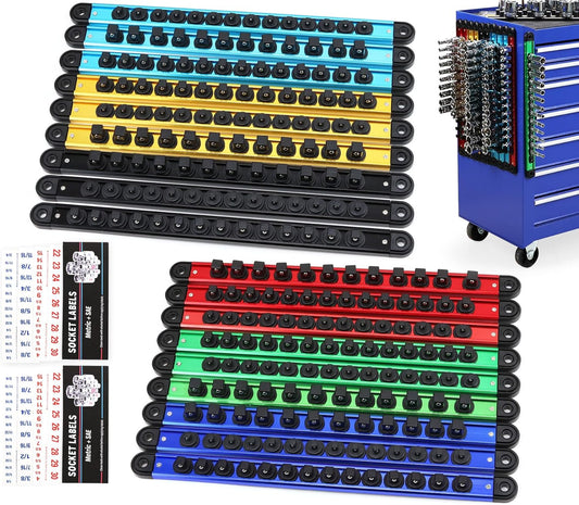 18-Piece Magnetic Socket Holder Organizer Set (Holds 240 Sockets), Heavy Duty 1/2, 3/8, 1/4-Inch Socket Racks Premium Quality Socket-Clip Rail Holder Aluminum Sockets Rack Kit for Tool Box Drawer