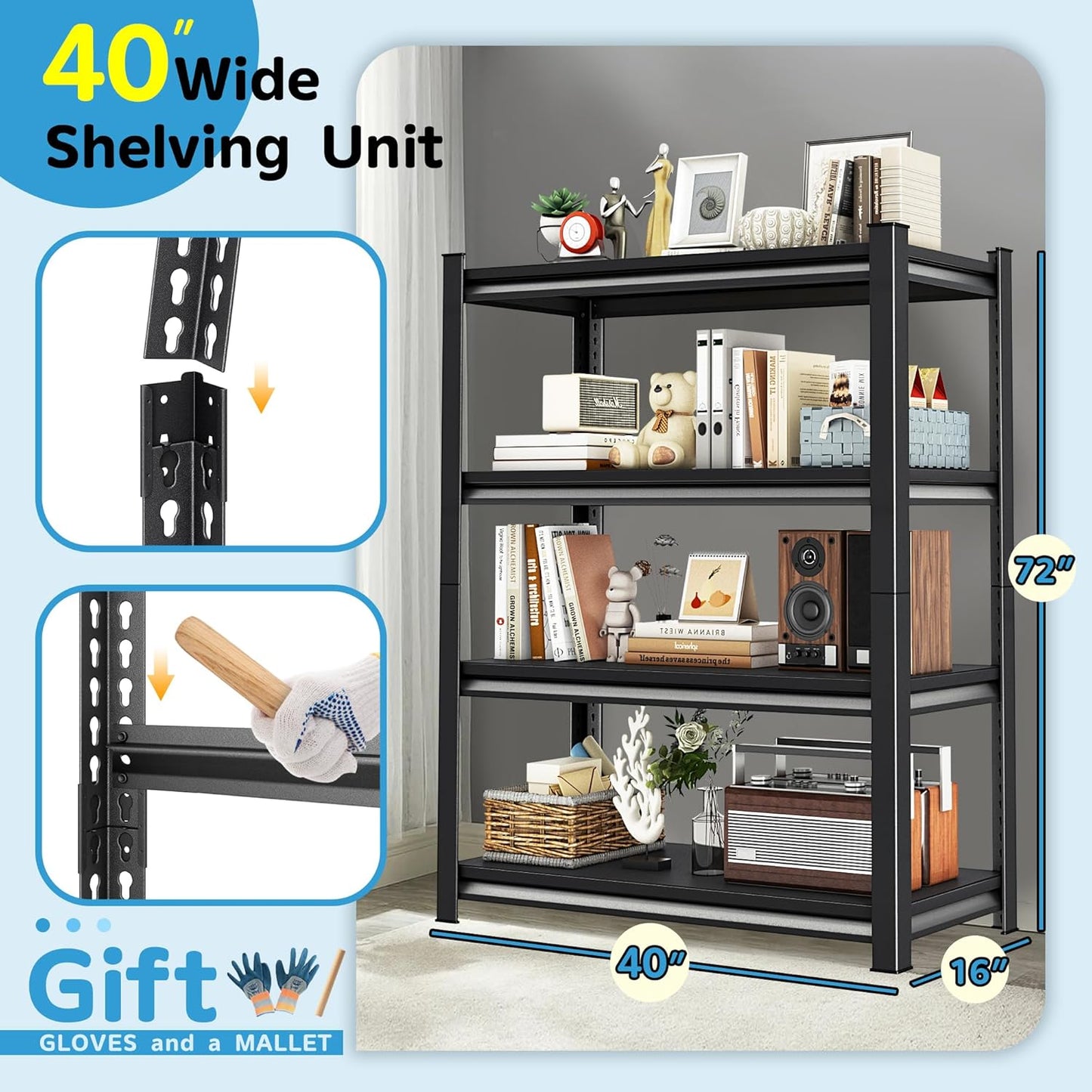 4-Tier Heavy Duty Metal Shelves, Industrial Style, Heavy-Duty Garage Storage Shelves, 40"W x 16"D x 72"H, 1800LBS Capacity