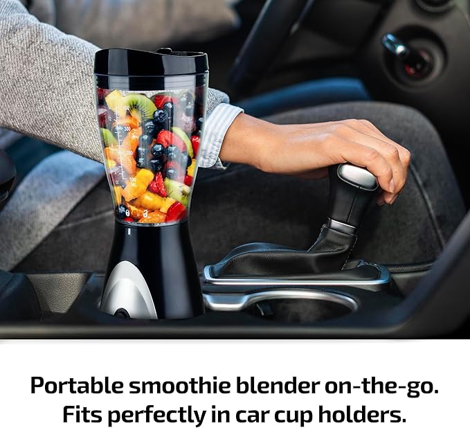 OVENTE Portable Personal Blender for Shakes, Smoothies or Frozen Drinks with 13.5 Oz BPA Free Travel Cup and Lid, Durable Stainless Steel Blades for Powerful Blending Performance, Black BLH1001B