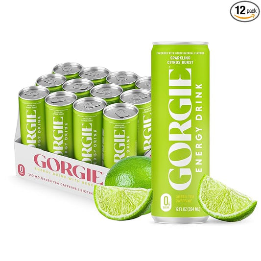 GORGIE Sugar Free Natural Energy Drinks, Sparkling Citrus Burst (12 Pack) - Healthy Energy Drinks - Natural Coffee Replacement with Green Tea Caffeine and Biotin - 150mg Caffeine, Vegan, & Low Calorie