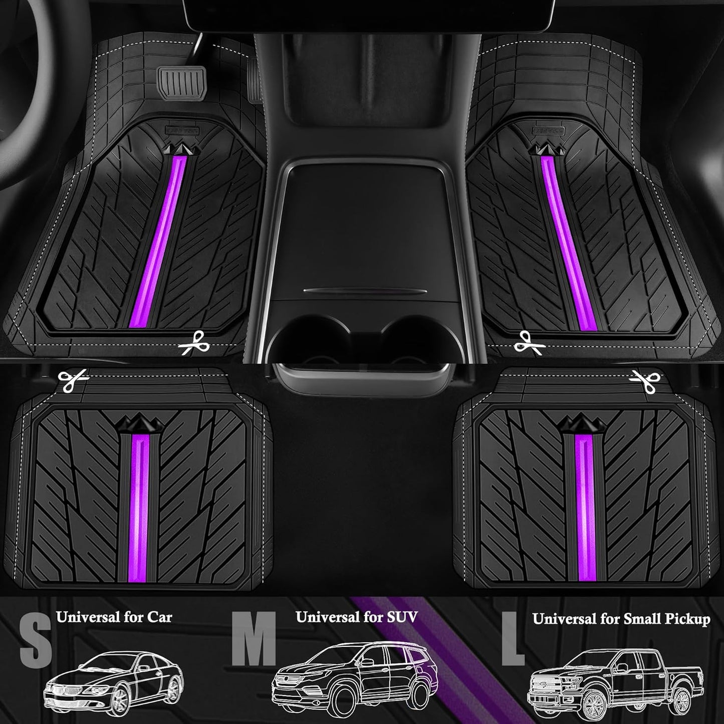 CAR PASS Metal Medium Rubber Floor Mats for Car Heavy Duty Car Mats All Weather, Universal Trim to Fit for Truck SUV Vehicle Automotive Floor Mats, Waterproof Car Mats 4 Piece Black Purple