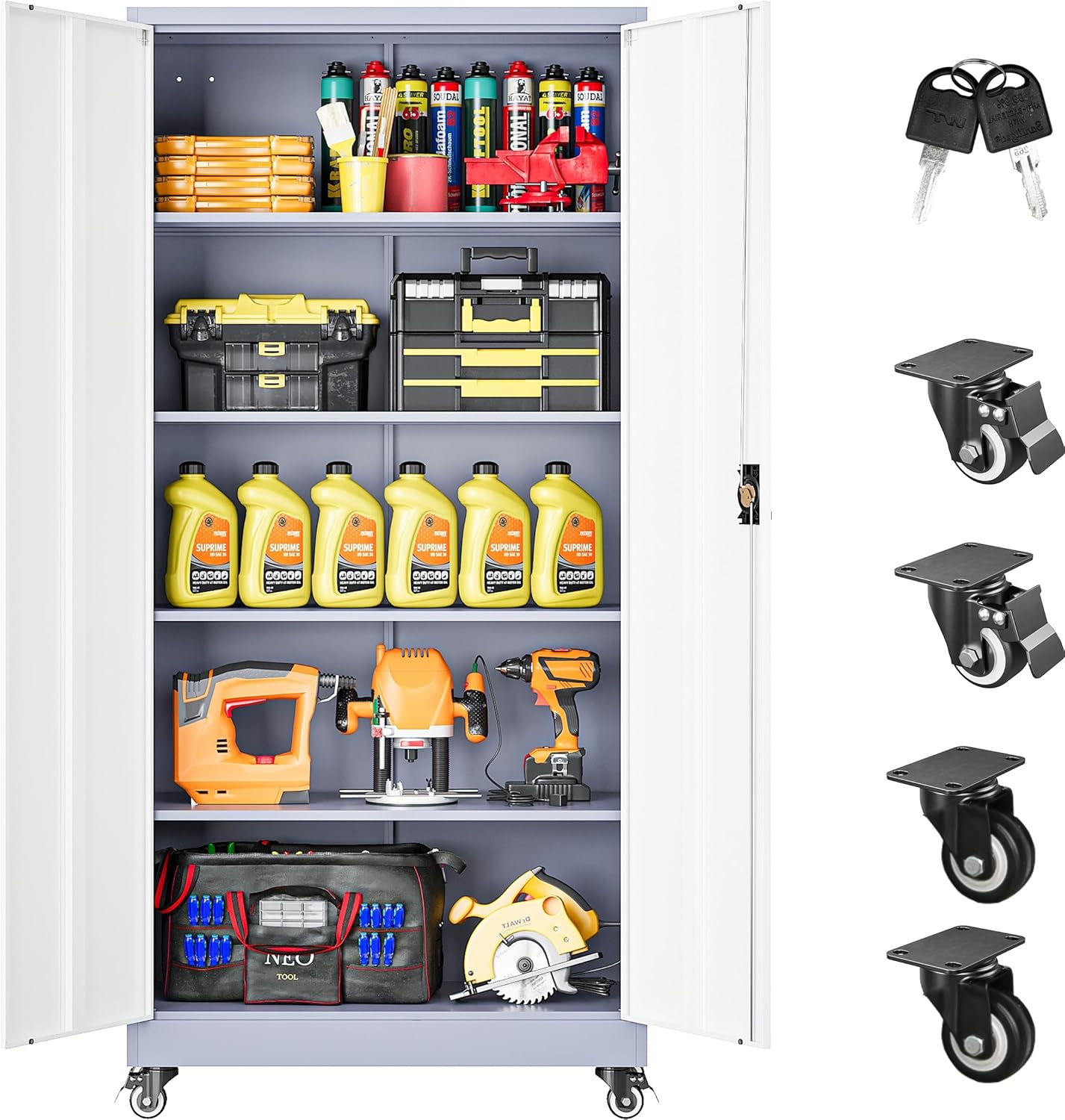 75" Tall Metal Storage Cabinet with Wheels,Rolling Garage Storage Cabinet with Lock,Gray White Metal Cabinets with Wheels and Shelves,Locking Tool Cabinets on Wheel for Garage,Home,Office,Shop