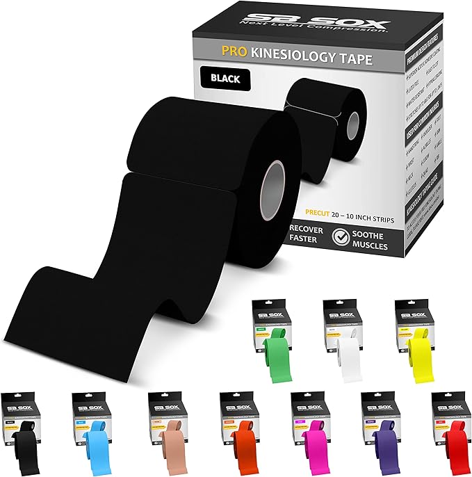 SB SOX Pro Synthetic Kinesiology Tape (Precut & Uncut Options) – Longer Lasting Performance Fabric Option to Our Original Cotton Kinesiology Tape - Also Latex Free, Water Resistant! (Black - Precut)