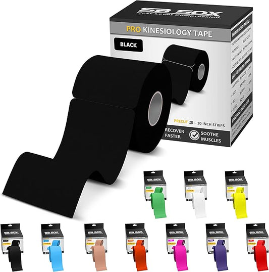 SB SOX Pro Synthetic Kinesiology Tape (Precut & Uncut Options) – Longer Lasting Performance Fabric Option to Our Original Cotton Kinesiology Tape - Also Latex Free, Water Resistant! (Black - Precut)