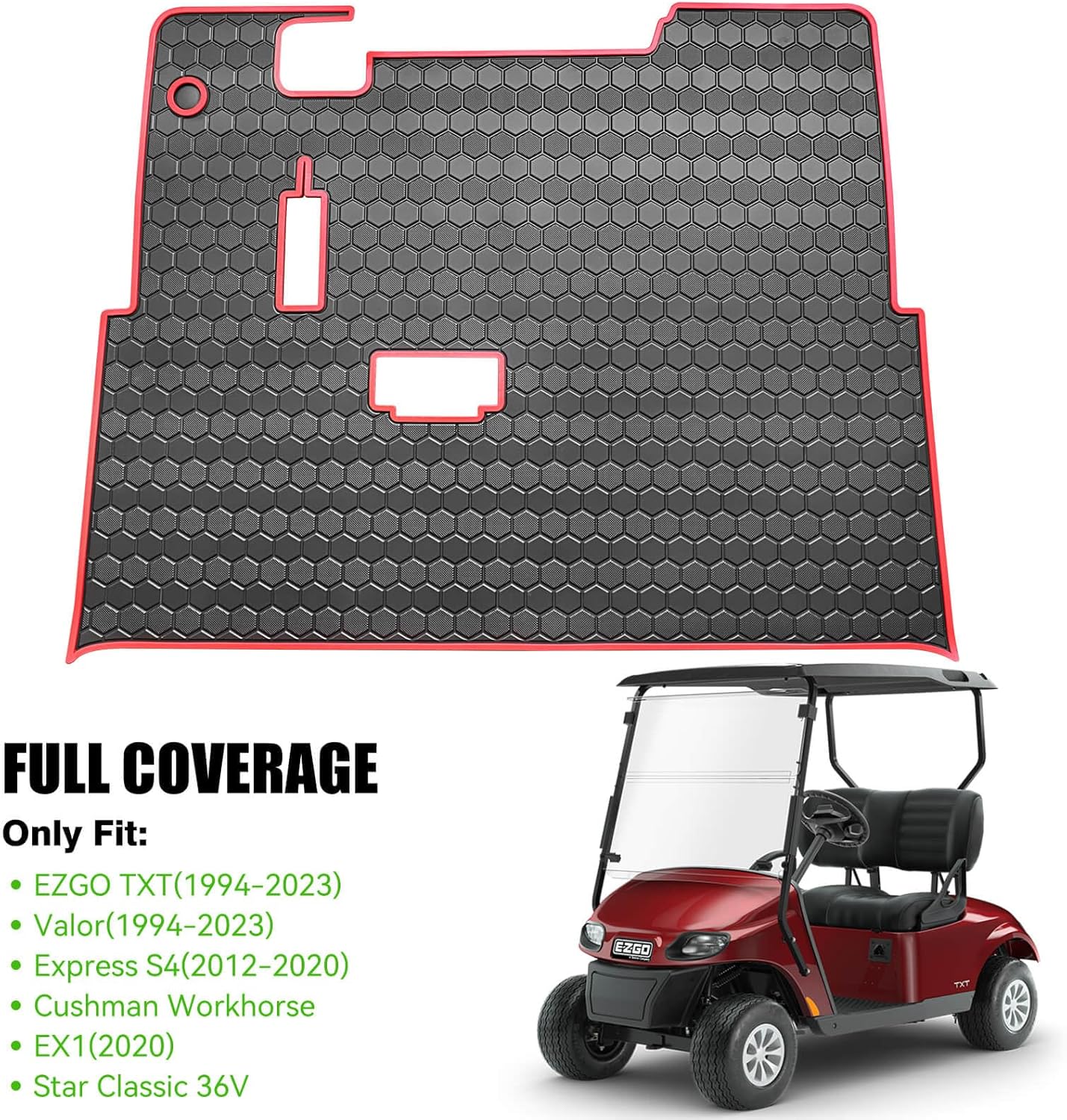 EZGO TXT Golf Cart Full Coverage Floor Liner Mat, fits EZGO TXT (1994+), Valor(1994+), Express S4(2012-2020), Cushman Workhorse, EX1(2020), Thick Anti-Slip Rubber, Red Trim