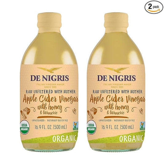 De Nigris Organic Apple Cider Vinegar With Honey & Turmeric, Raw & Unfiltered 16,9 Oz (Pack of 2) | Apple Cider Vinegar With Mother For The Balance Of Metabolism, Organic