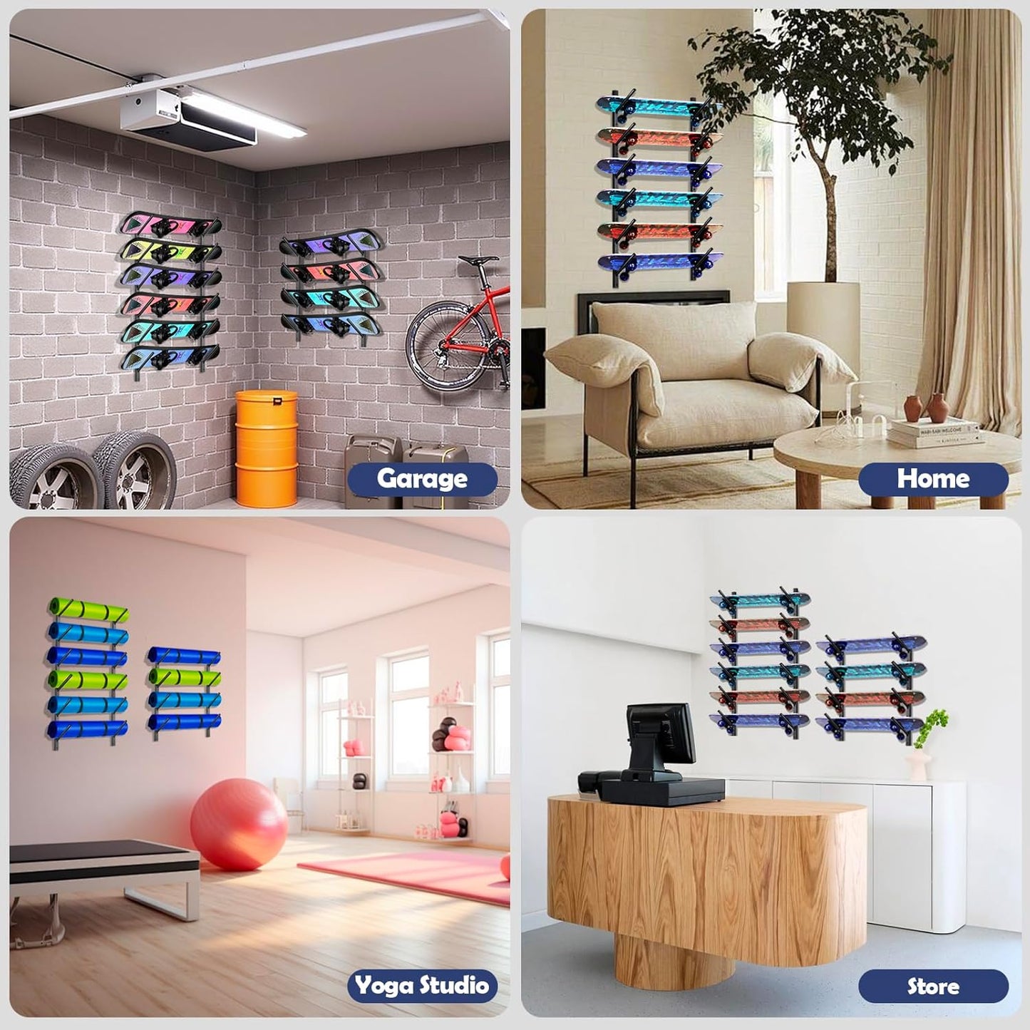 Skateboard Rack Wall Mount – Skateboard Wall Hanger, Snowboard Display Wall Mount, Ski Holder | 4-Floor Skateboard & Ski & Snowboard Storage Rack | Snowboard & Ski Lover Gifts