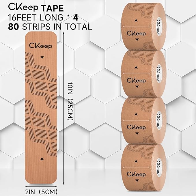 CKeep 4 Rolls Kinesiology Tape, Original Cotton Elastic Athletic Tape, 20 CT 10" Precut Strips Each, Waterproof Tape for Muscle Strain Relief and Joint Support, Beige