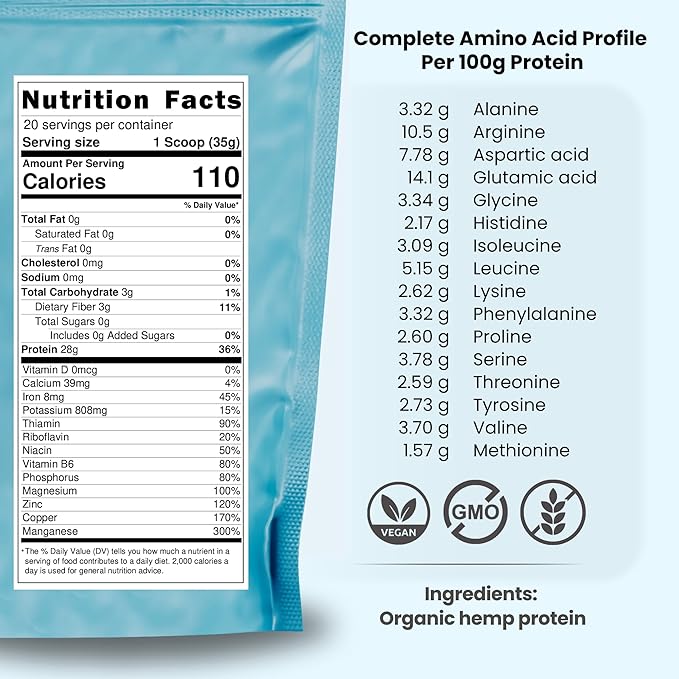 Organic Hemp Protein, Vegan Protein Powder, Clean Plant Based Protein Powder, Non Dairy Protein, Lactose Free Natural Protein, Gluten Free- 20 Servings, Unflavored