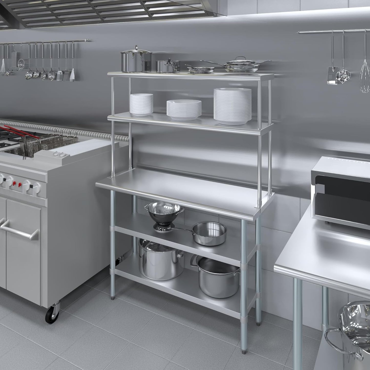 Amgood Stainless Steel Work Table with 2 Shelves | Metal Kitchen Prep Table & Shelving Combo (18" x 48" Table with 2 Shelves + 12" Overshelf)