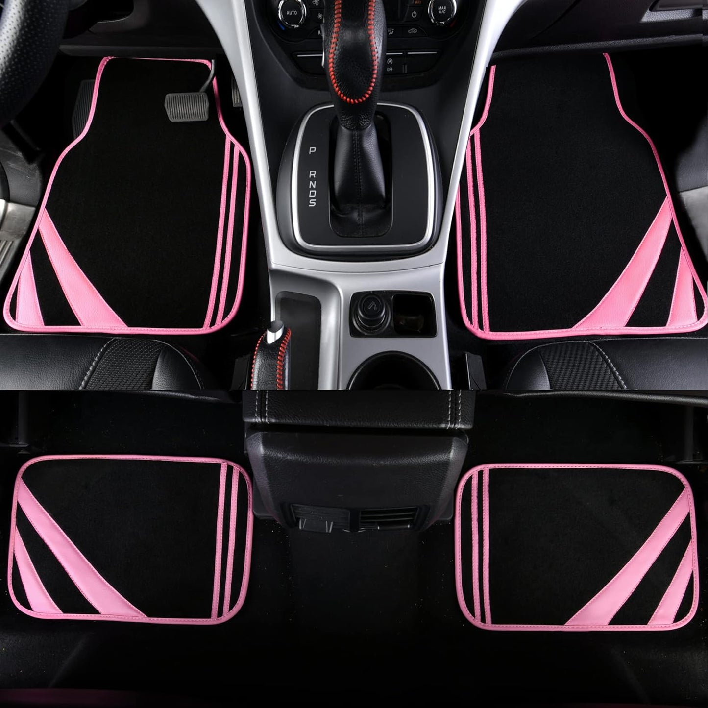 CAR PASS Pink Edge Faux Leather Car Floor Mats Universal Car Carpet Mats with Double Stitch Line Anti-Slip Backing Design, for Cute Girly Women, Fit 95% Automotive,SUVs,Sedan,Vans (Black and Pink)