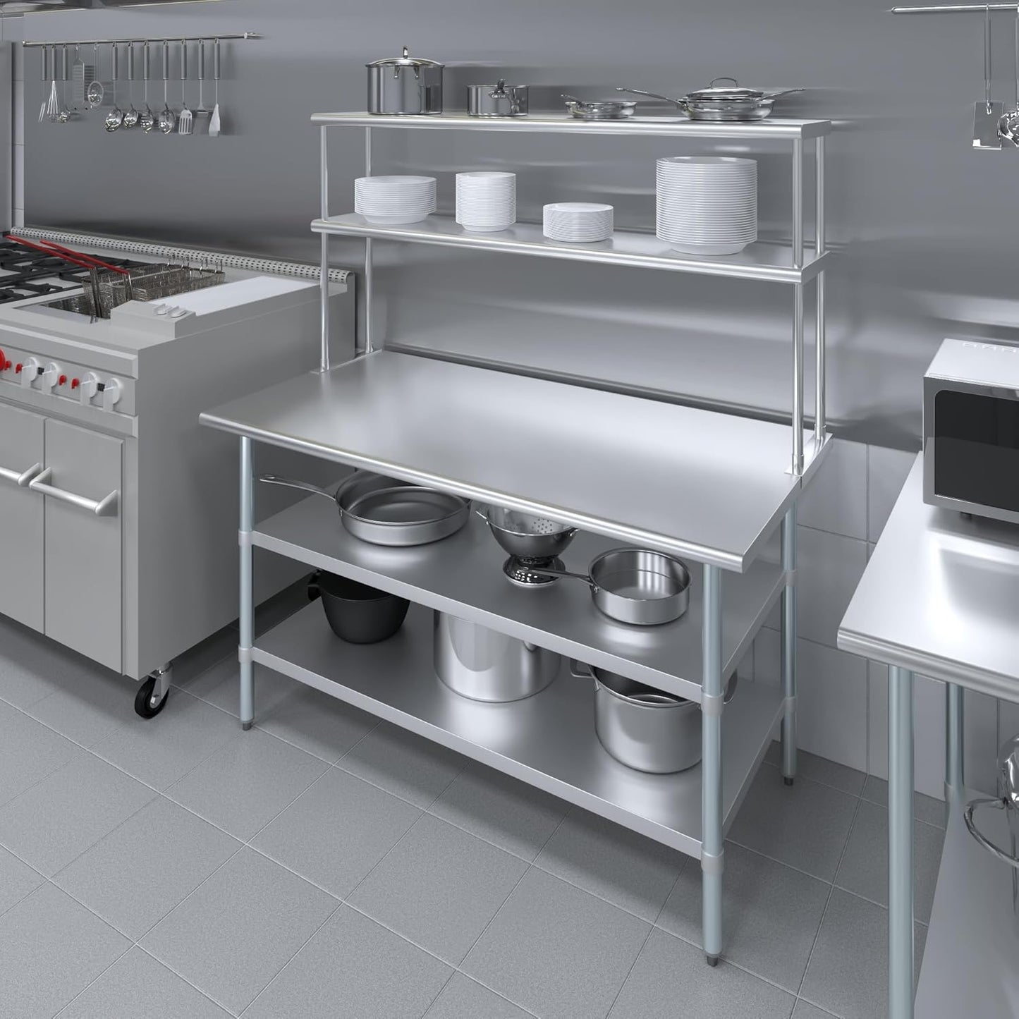 AmGood Stainless Steel Work Table with 2 Shelves | NSF (30" x 60" Table with 2 Shelves + 12" Overshelf)