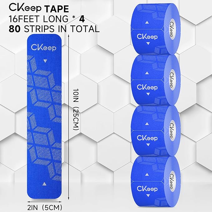 CKeep 4 Rolls Kinesiology Tape, Original Cotton Elastic Athletic Tape, 20 CT 10" Precut Strips Each, Waterproof Tape for Muscle Strain Relief and Joint Support, Blue