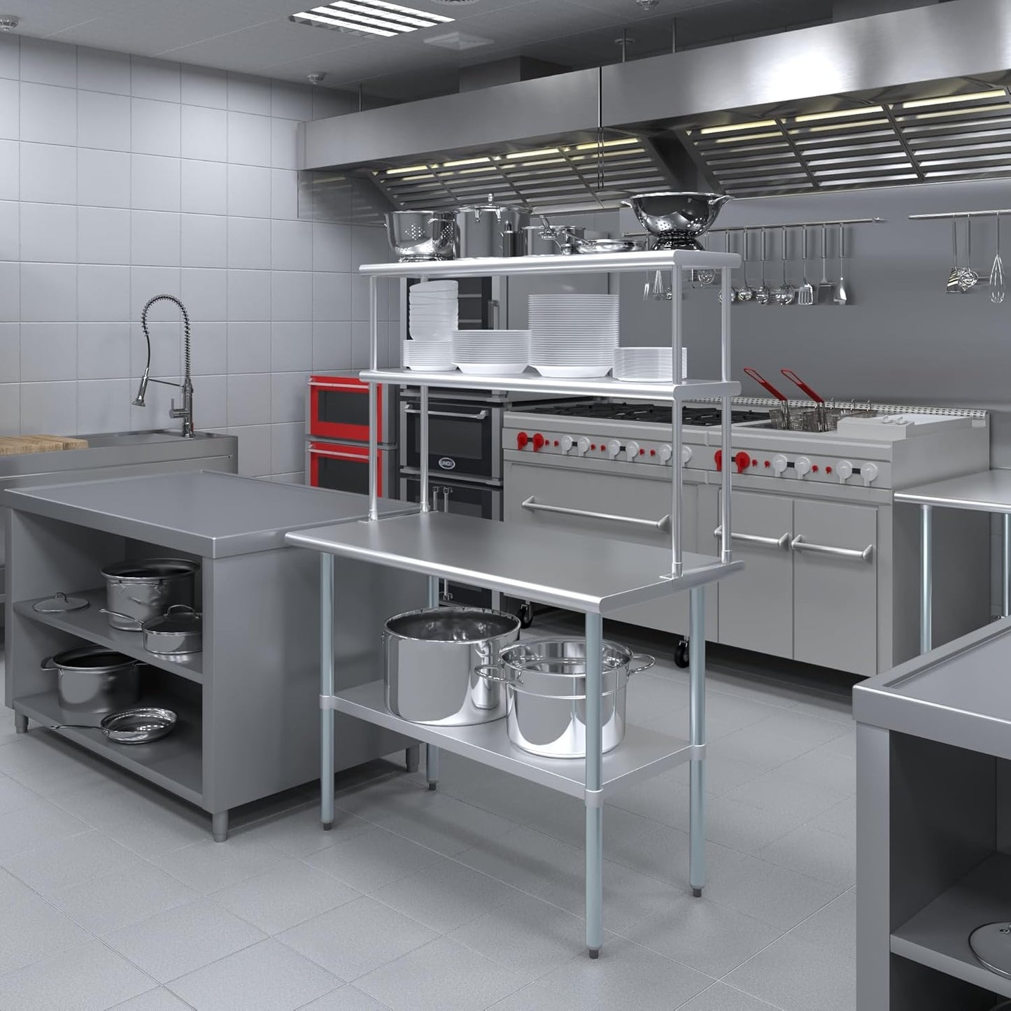 Amgood Stainless Steel Work Table Wide Double Tier Overshelf | NSF | Metal Kitchen Prep Table & Shelving Combo (24" x 48" Work Table + 12" Overshelf)