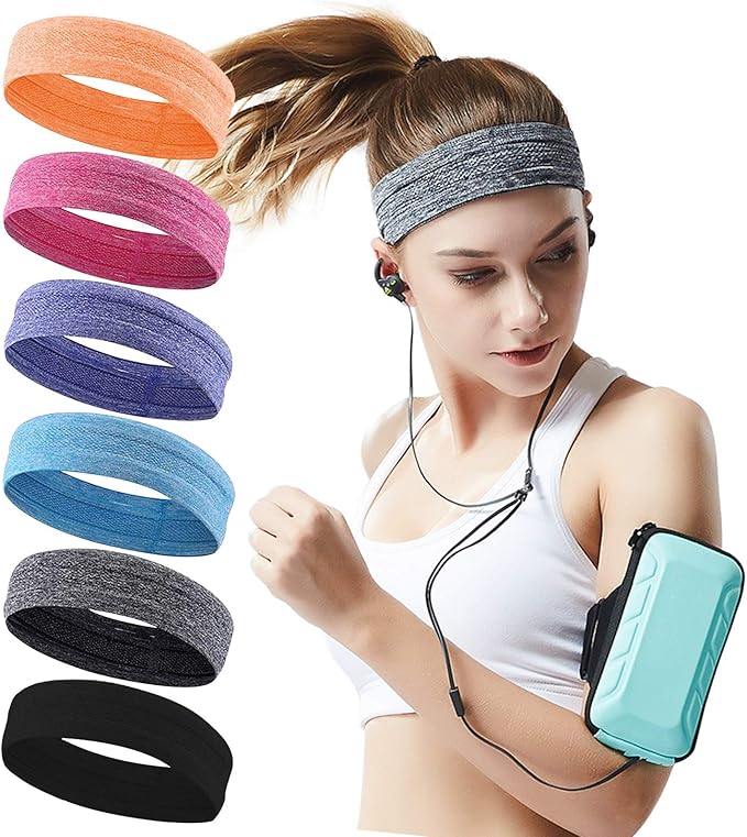 6Pack Sweat Bands Headbands for Women Workout, Women's Fashion Non Slip Headband, Moisture Wicking Sweatband for Sports Running Athletic Yoga