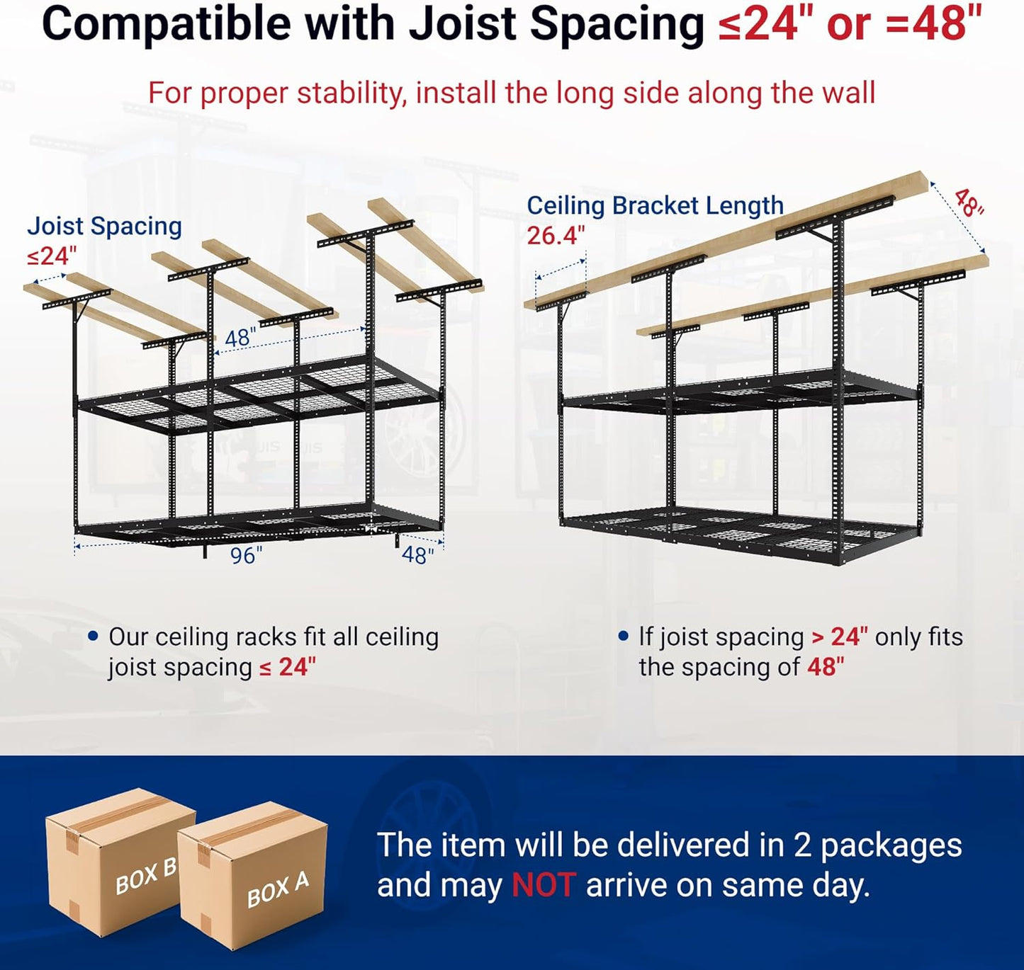 FLEXIMOUNTS 4x8 2-Tier Overhead Garage Storage Rack – Adjustable Heavy Duty Metal Garage Ceiling Storage Racks, 1000 lbs Capacity – Garages Organization System for 10–15 ft Tall Garages, Black