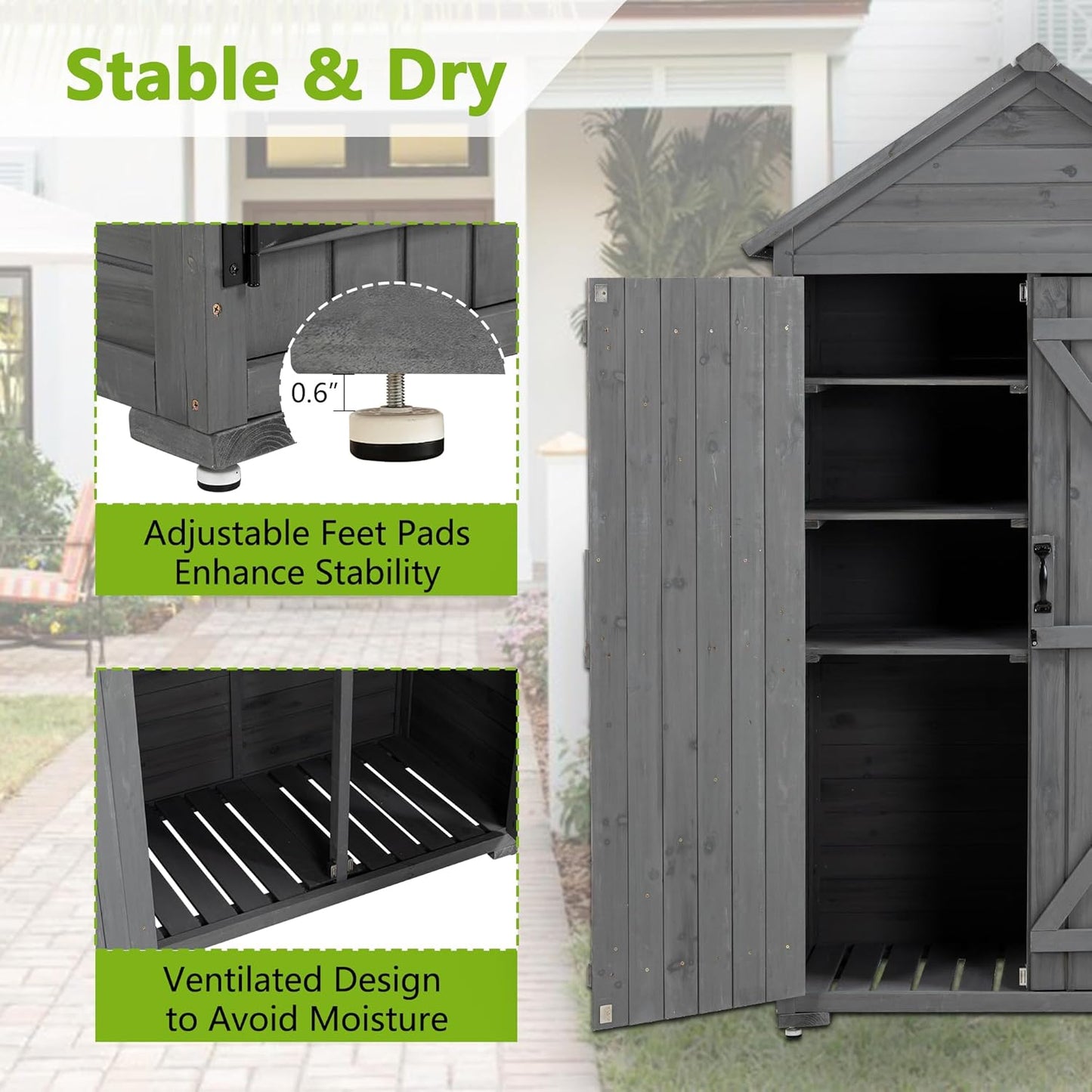 39.56"x 22.04"x 68.89" Outdoor Storage Cabinet with Removable Shelves, Waterproof Roof, and Adjustable Feet - Fir Wood Garden Tool Shed for Yard, Patio, Deck, and Garage,Grey