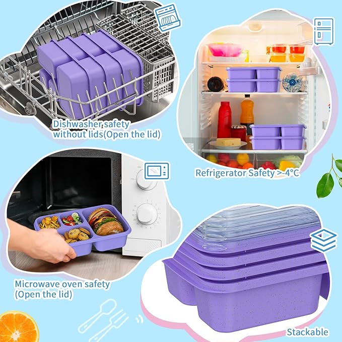 Large Capacity Bento Box for Adults, 4-Piece Set – Stackable Lunch Box with 4 Compartments, Microwave & Dishwasher Safe, Reusable Meal Prep Containers, Snack Containers for Kids & Adults (Purple)
