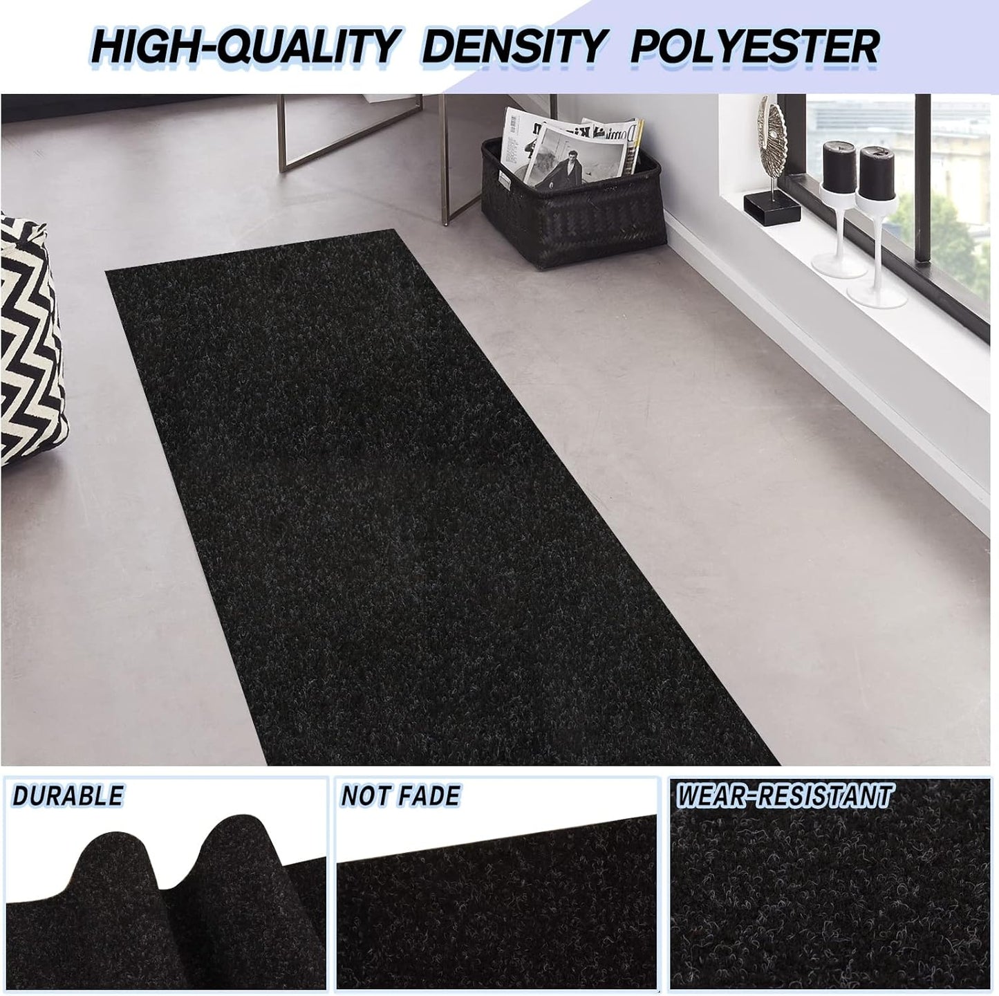 Custom Size Backed Non-Slip Area Rugs Runner, Easy Clean, Waterproof Runner Rugs for Hallway Entryway, Kitchen, Laundry, 3FT x 56FT, Black