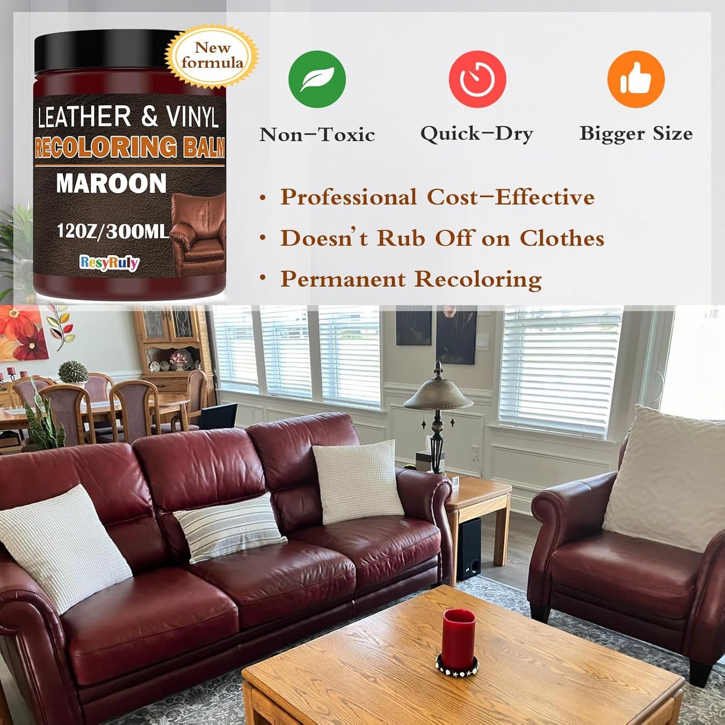 Maroon Leather Repair Kit for Furniture Dye Car Interior Vinyl Seats Paint Leather Conditioner Couch Handbag Chair Stain Remover Recoloring Balm Restorer Cream Cat Dog Scratches & Color Applicator