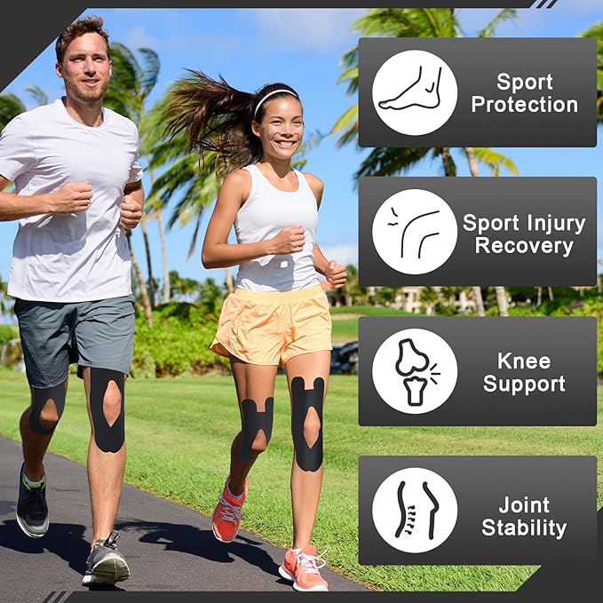 12 Pcs Precut Kinesiology Tape for Knees Waterproof Sport Knee Tape Elastic Breathable Latex-Free Athletic Tape Knee Pain Relief Tape for Knee Tendons Support Strips Fitness(Black)