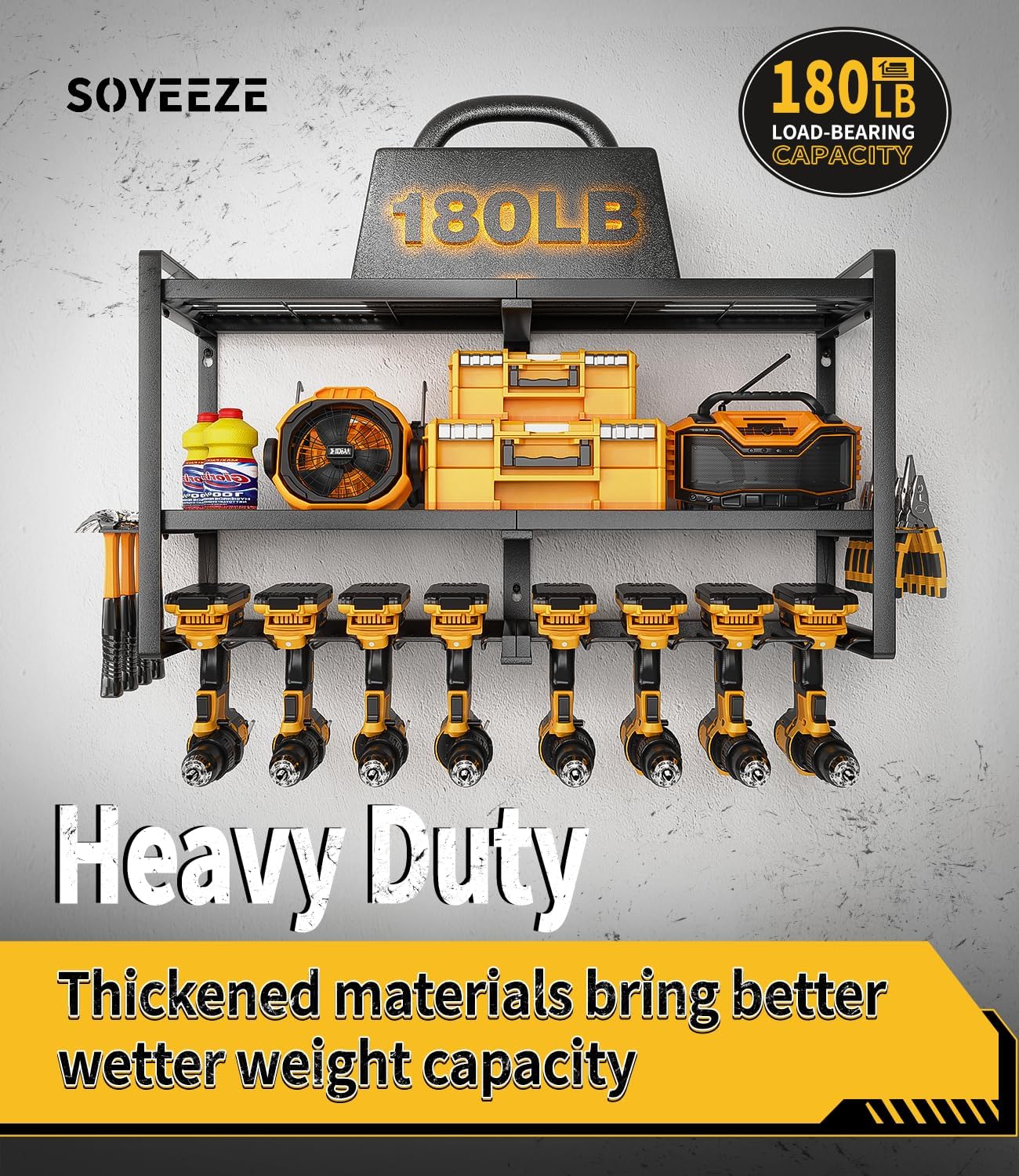 SOYEEZE Power Tool Organizer & Storage Wall Mount - Heavy Duty Metal 8 Drill Holder, 3 Layer Premium Garage Utility Power Tool Rack &Tool Shelf，Great as Gifts for Men Father's Day-Large-Black