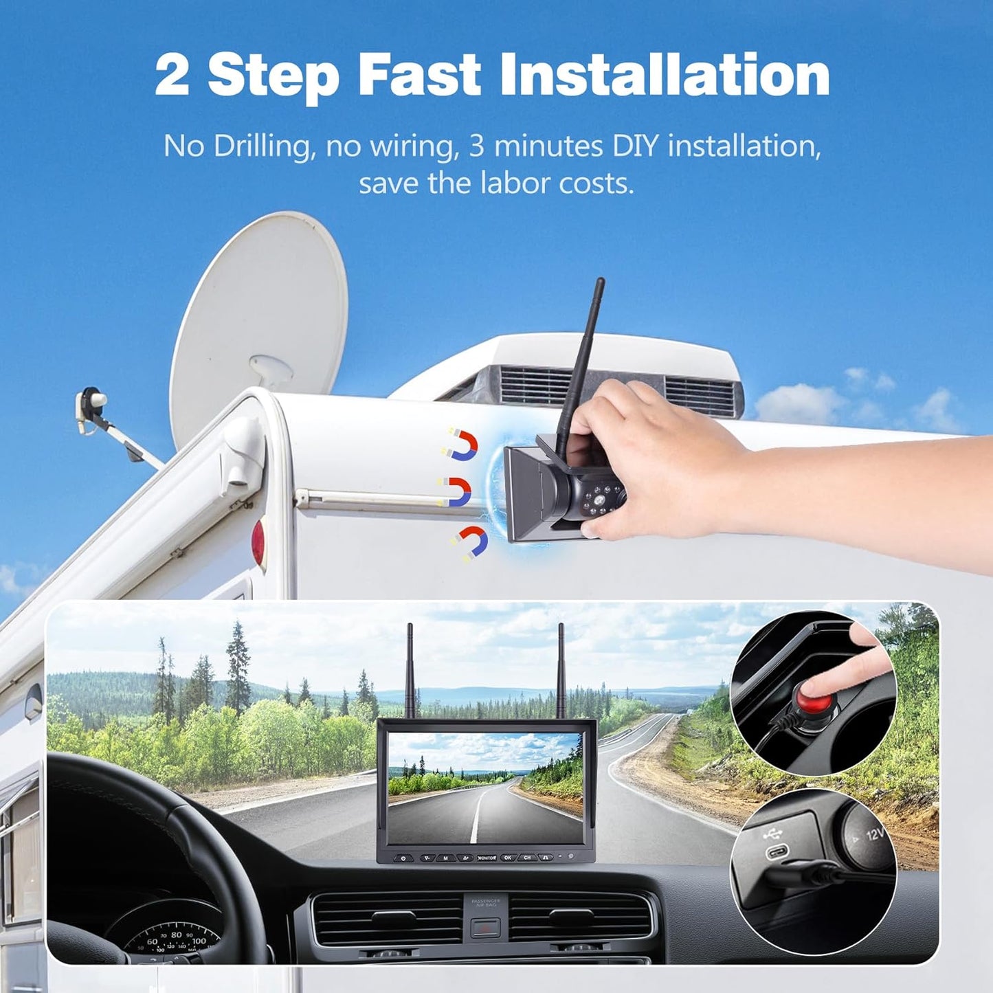 10.1" 4-Magnetic Wireless RV Backup Camera, HD1080P DVR Monitor, IP69 Waterproof & IR Night Vision 4x9600mAh Rechargeable Cameras, 2 Side Camera & 2 Rear Camera for Trailer Truck Camper-WS4