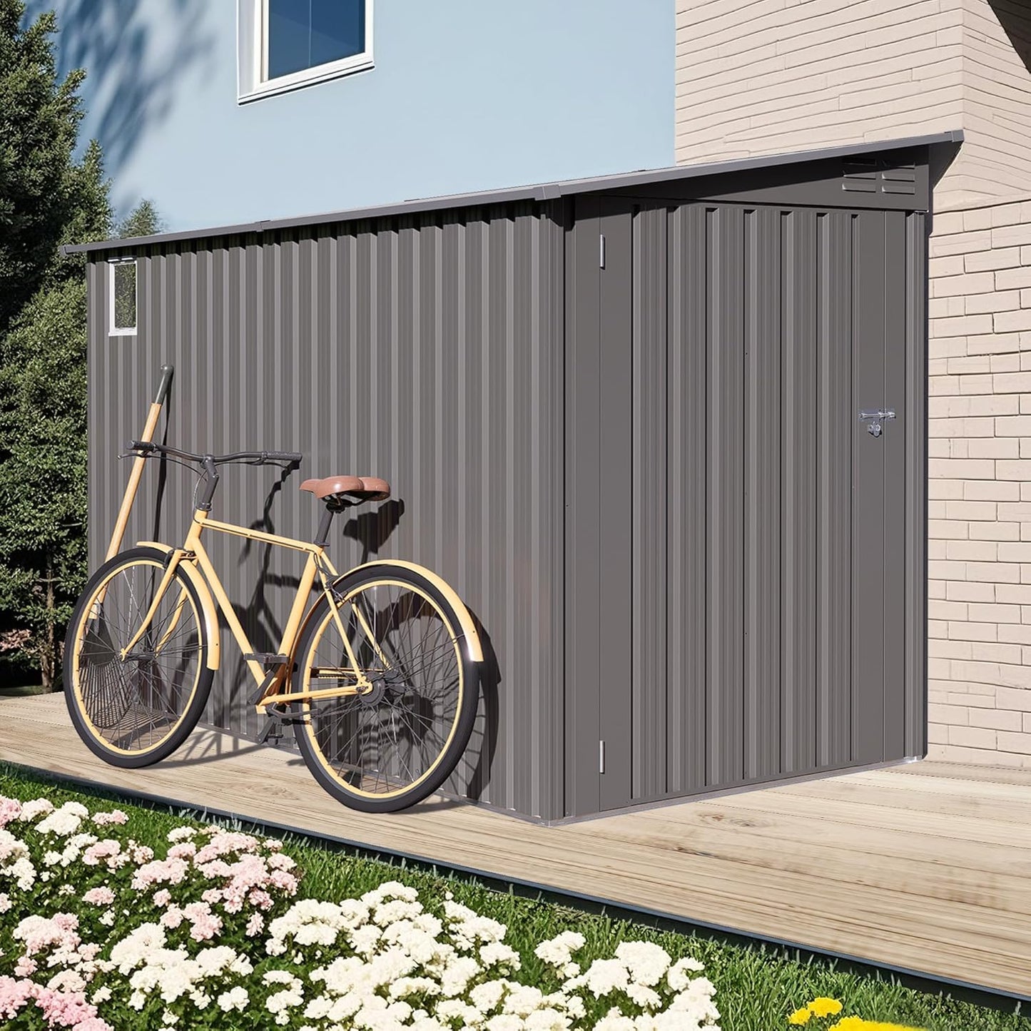 4 x 9 FT Lean to Shed with Windows, Metal Sheds & Outdoor Storage with 2 Vents and 1 Side Open Door, Outdoor Storage Shed Waterproof for Backyard, Garden, Patio, Gray