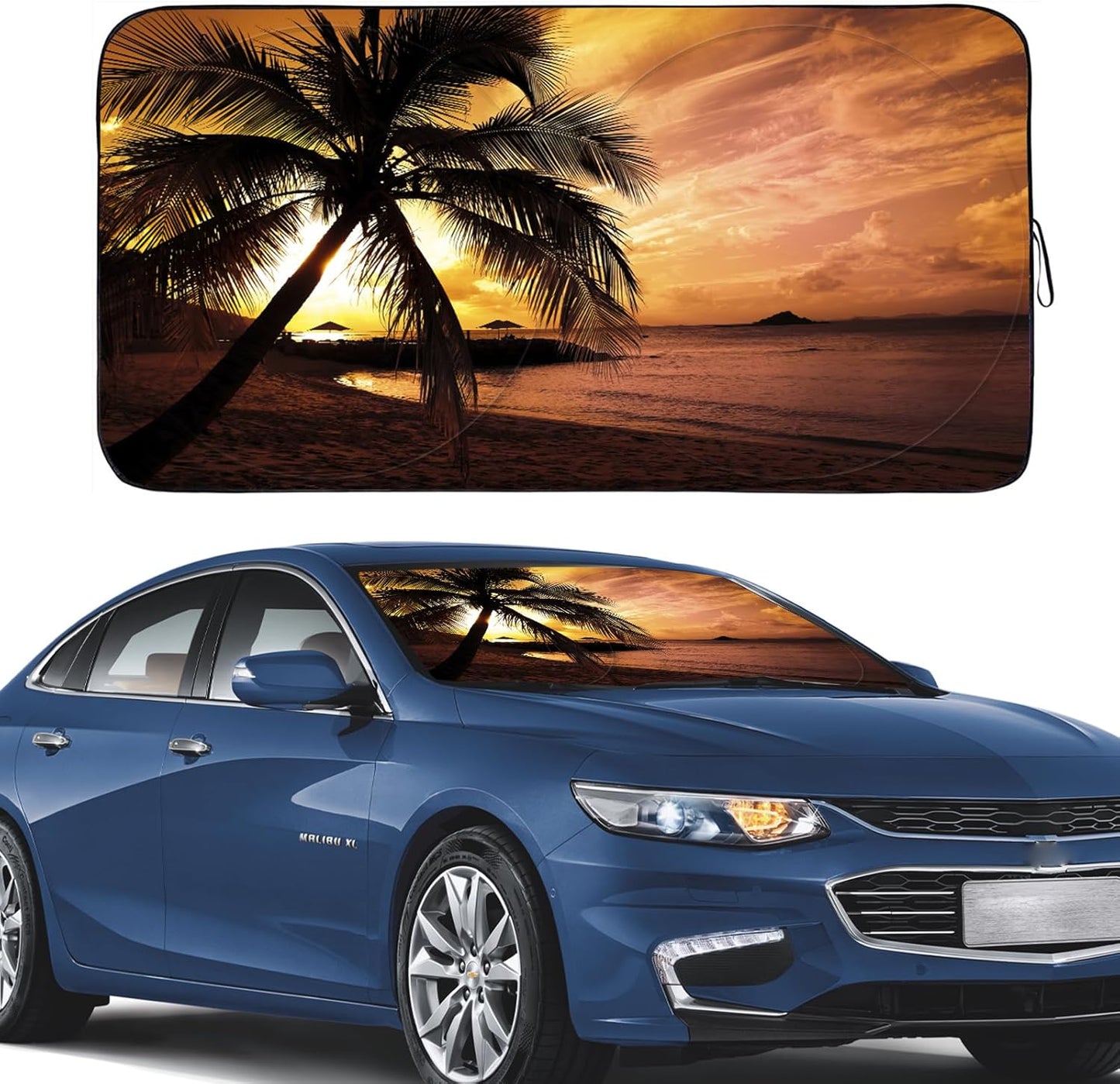 Gven Windshield Sun Shade, Vehicle Car Sun Shade Windshield Funny Yellow Beach Foldable Car Sunshade for Trucks SUV Cars Blocks UV Rays Keep Your Vehicle Cool (Yellow Sunset, L)