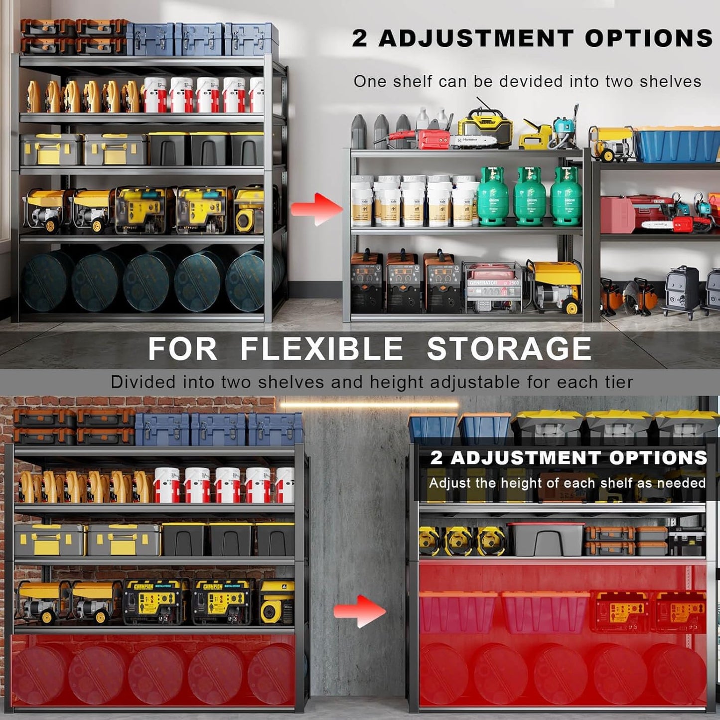 65" W Heavy Duty Garage Shelving, 84" H Garage Storage Shelves, 5 Tier Metal Shelving Unit, Commercial Shelving