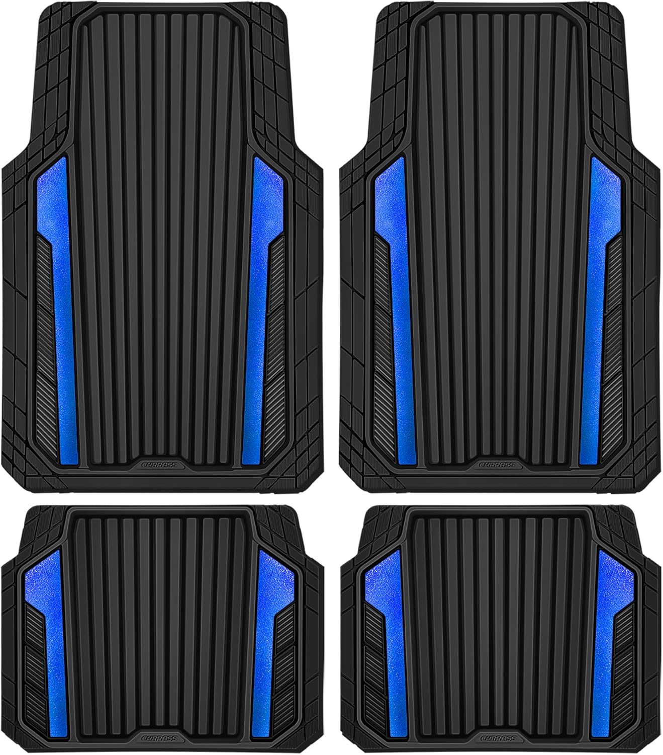 CAR PASS Heavy Duty Rubber Car Mats Metallic,Aluminum Film All Weather Floor Mats Waterproof Universal Trim to Fit Automotive SUV Sedan Van 4 Piece Anodized Deep Dish Two-Tone Sporty Black Blue Chrome