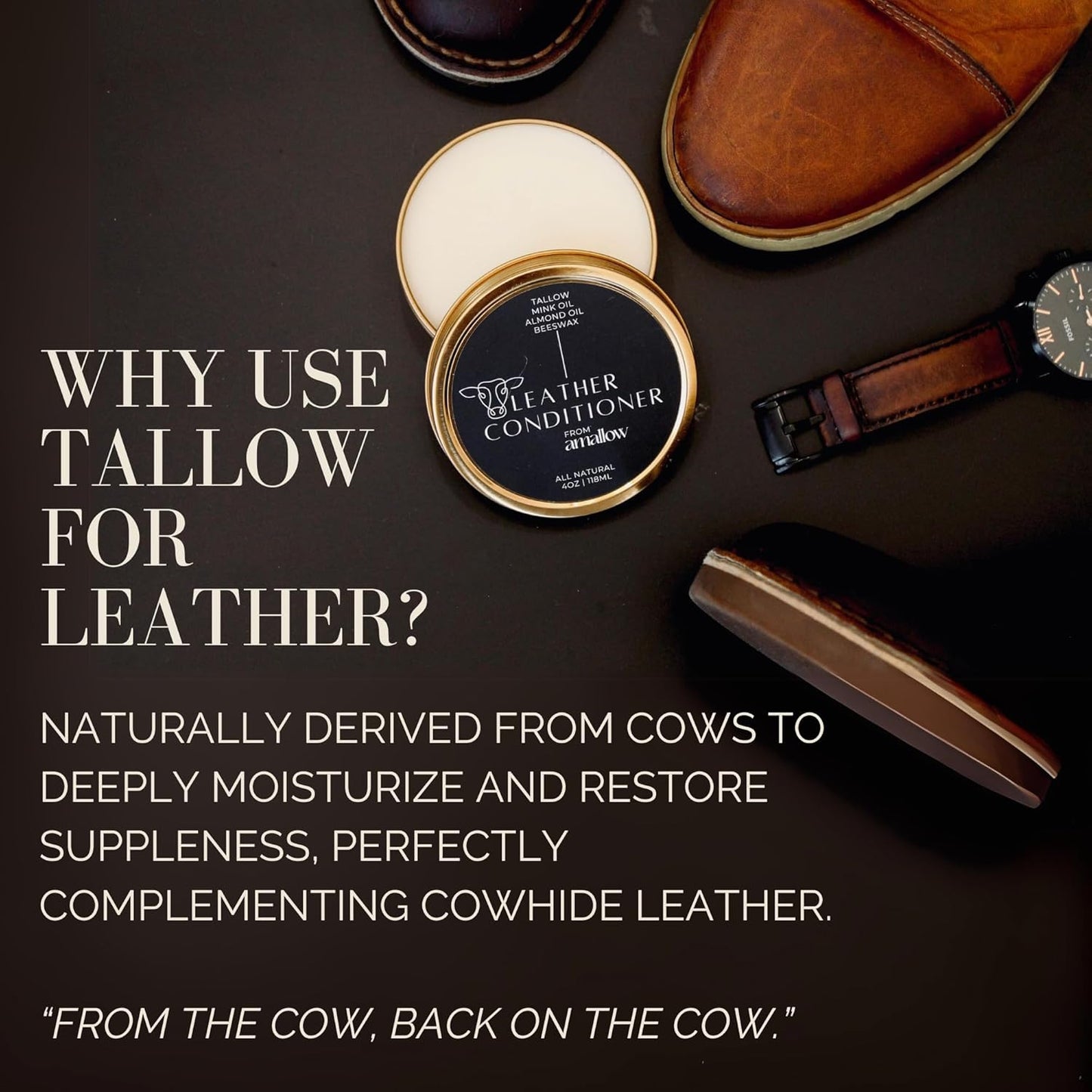 All Natural Leather Conditioner Balm - Made with Mink Oil, Tallow, & Beeswax, Protects, Softens Restores and Waterproofs Leather Shoes, Boots, Bags, Furniture (4 Oz)