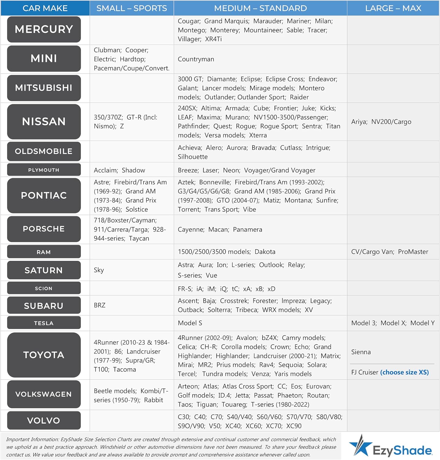 EzyShade Windshield Sun Shade with Shield-X Reflective Technology. See Vehicle Size-Chart. Foldable Car Sunshade for Front Windshield Window Car SUV Van Truck. Sun Visor Heat Shield. Max (L) Size