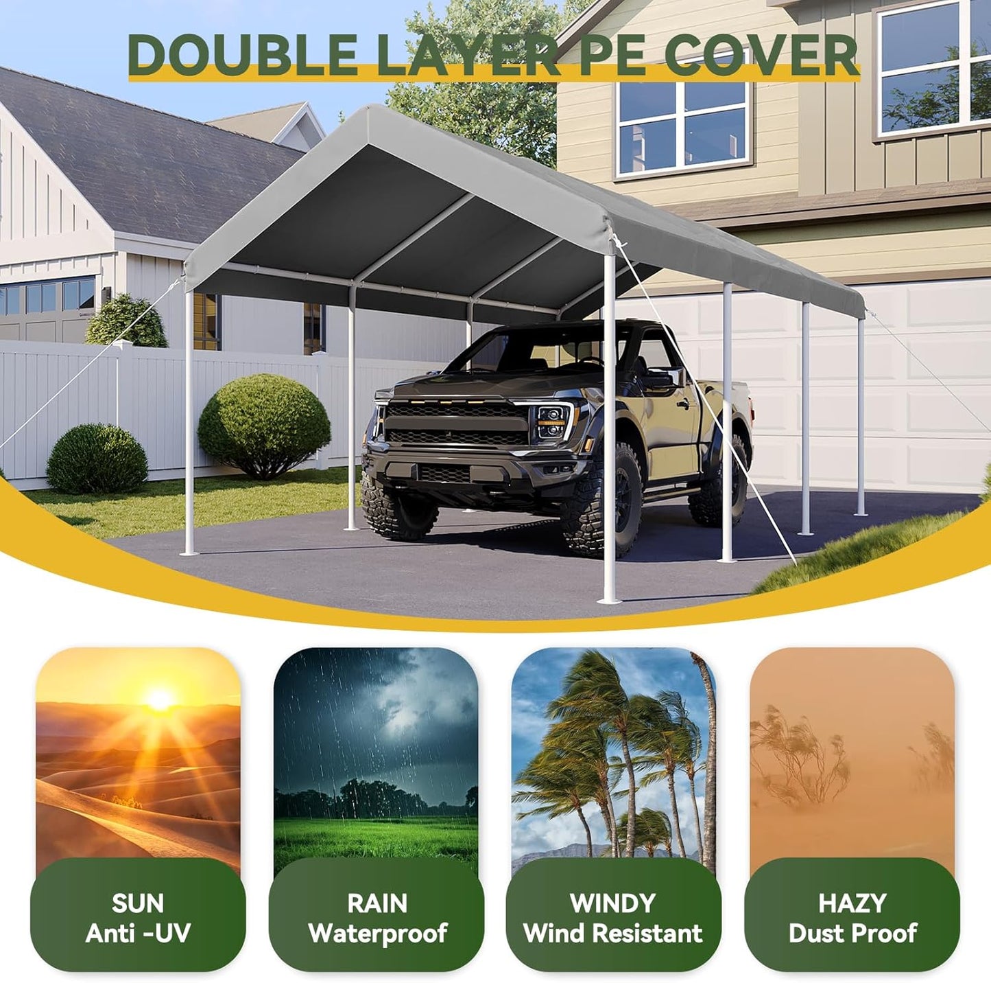 Aoxun 10x20 ft Heavy Duty Carport with Tarp & Wind Resistance Portable Carport Car Tent Outdoor Car Port with Tear Resistant Canopy, No Sidewall - Gray