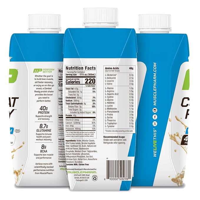 MusclePharm Combat Ready High Protein Shakes Ready to Drink, 40g Protein, 8g BCAAs, 8.7g Glutamine, 5g Fiber, No Added Sugar, Gluten Free, Vanilla Ice Cream, 17 Fl Oz (Pack of 12)
