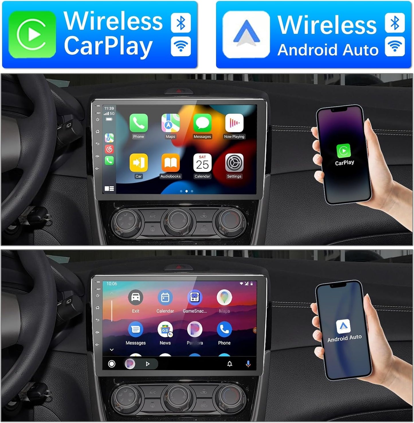 BINIZE Android Double Din 10.1 Inch Touch Screen Bluetooth Car Radio,Radio with Wireless Carplay＆Android Auto,GPS Navigation Receiver,Bluetooth,FM,Dual USB,Mirror Link,Support Backup Camera【2+32】