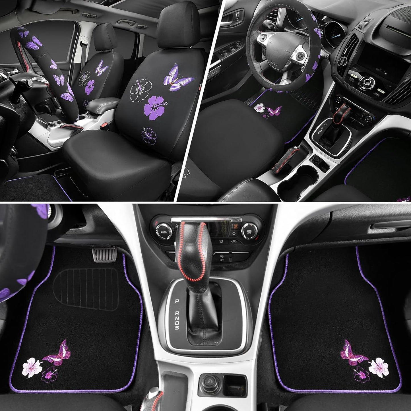 CAR PASS Universal Butterfly Car Seat Covers Front Set, Embroidered Flower Waterproof Car Floor Mats Carpet, Butterflies Steering Wheel Cover for Car Accessories Interior Sets (Black and Purple)