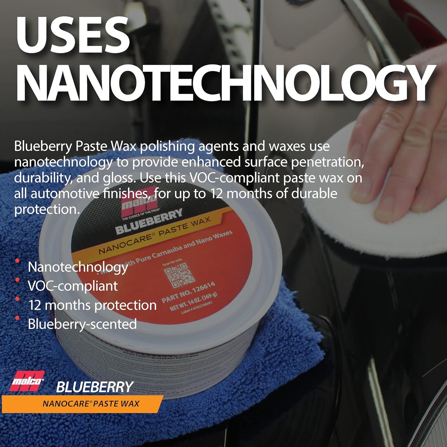Malco Nano Care Blueberry Paste Wax - Creates High Gloss Finish and Long-Lasting Shine/Premium Paste Wax for Use on Fiberglass, Gel Coat and Painted Vehicle Finishes / 14 Oz. (126614)
